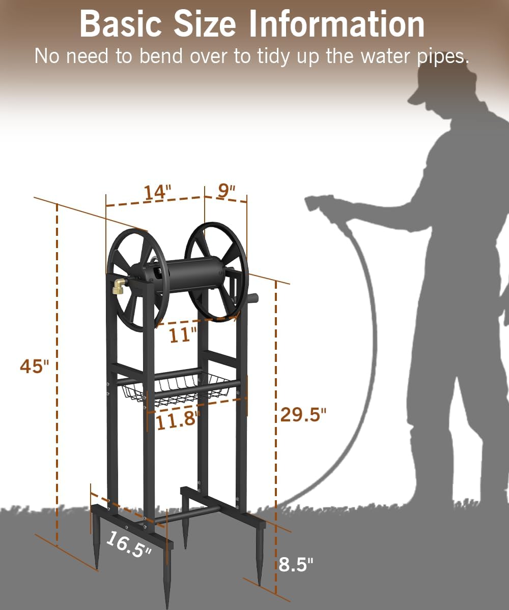 Ground Mount Garden Hose Reel Holds 125 Feet of 5/8-Inch with 3.9 ft Leader Hose, Brass Fitting, Water Hose Holder Stand with Storage Rack & 4 Spikes Base for Outdoor Lawn, Black