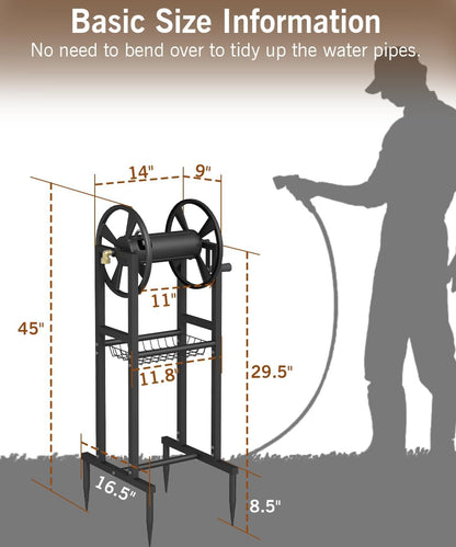 Ground Mount Garden Hose Reel Holds 125 Feet of 5/8-Inch with 3.9 ft Leader Hose, Brass Fitting, Water Hose Holder Stand with Storage Rack & 4 Spikes Base for Outdoor Lawn, Black