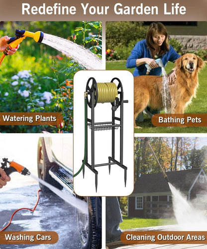 Ground Mount Garden Hose Reel Holds 125 Feet of 5/8-Inch with 3.9 ft Leader Hose, Brass Fitting, Water Hose Holder Stand with Storage Rack & 4 Spikes Base for Outdoor Lawn, Black