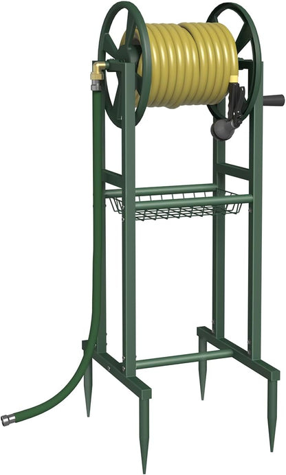 Ground Mount Garden Hose Reel Holds 125 Feet of 5/8-Inch with 3.9 ft Leader Hose, Brass Fitting, Water Hose Holder Stand with Storage Rack & 4 Spikes Base for Outdoor Lawn, Black