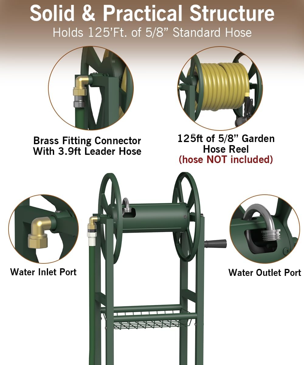 Ground Mount Garden Hose Reel Holds 125 Feet of 5/8-Inch with 3.9 ft Leader Hose, Brass Fitting, Water Hose Holder Stand with Storage Rack & 4 Spikes Base for Outdoor Lawn, Black