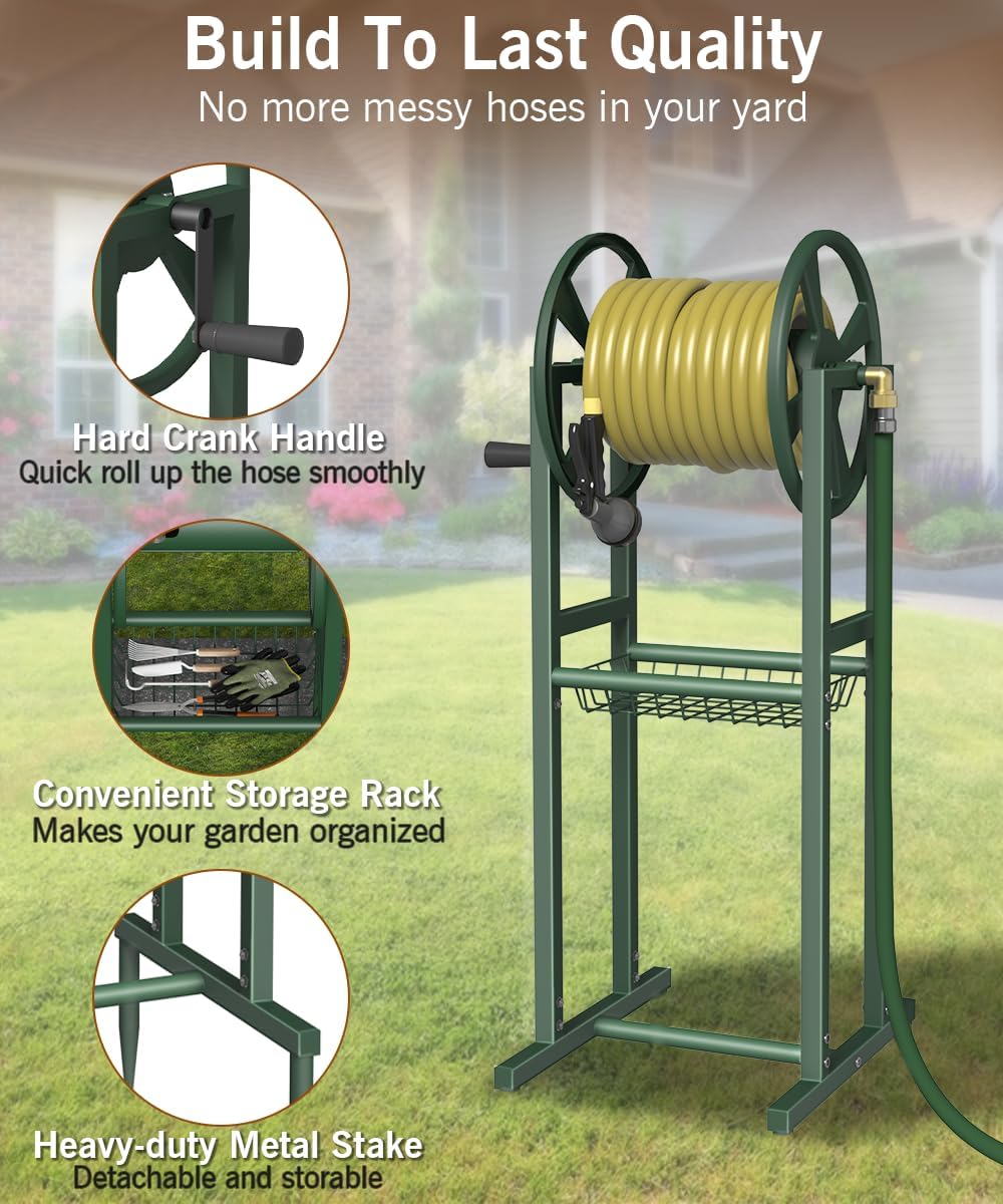 Ground Mount Garden Hose Reel Holds 125 Feet of 5/8-Inch with 3.9 ft Leader Hose, Brass Fitting, Water Hose Holder Stand with Storage Rack & 4 Spikes Base for Outdoor Lawn, Black