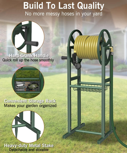 Ground Mount Garden Hose Reel Holds 125 Feet of 5/8-Inch with 3.9 ft Leader Hose, Brass Fitting, Water Hose Holder Stand with Storage Rack & 4 Spikes Base for Outdoor Lawn, Black