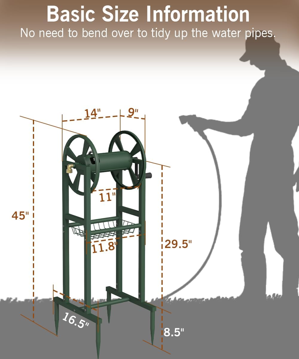 Ground Mount Garden Hose Reel Holds 125 Feet of 5/8-Inch with 3.9 ft Leader Hose, Brass Fitting, Water Hose Holder Stand with Storage Rack & 4 Spikes Base for Outdoor Lawn, Black