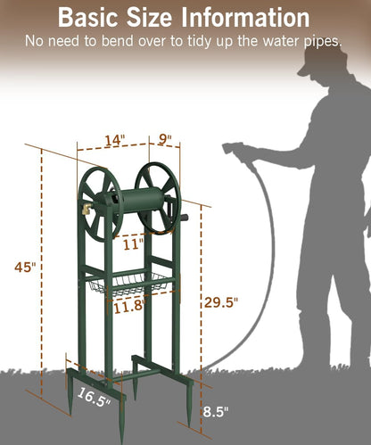 Ground Mount Garden Hose Reel Holds 125 Feet of 5/8-Inch with 3.9 ft Leader Hose, Brass Fitting, Water Hose Holder Stand with Storage Rack & 4 Spikes Base for Outdoor Lawn, Black