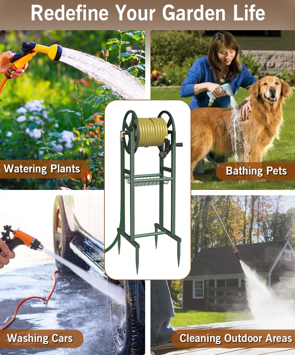 Ground Mount Garden Hose Reel Holds 125 Feet of 5/8-Inch with 3.9 ft Leader Hose, Brass Fitting, Water Hose Holder Stand with Storage Rack & 4 Spikes Base for Outdoor Lawn, Black