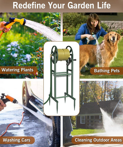 Ground Mount Garden Hose Reel Holds 125 Feet of 5/8-Inch with 3.9 ft Leader Hose, Brass Fitting, Water Hose Holder Stand with Storage Rack & 4 Spikes Base for Outdoor Lawn, Black