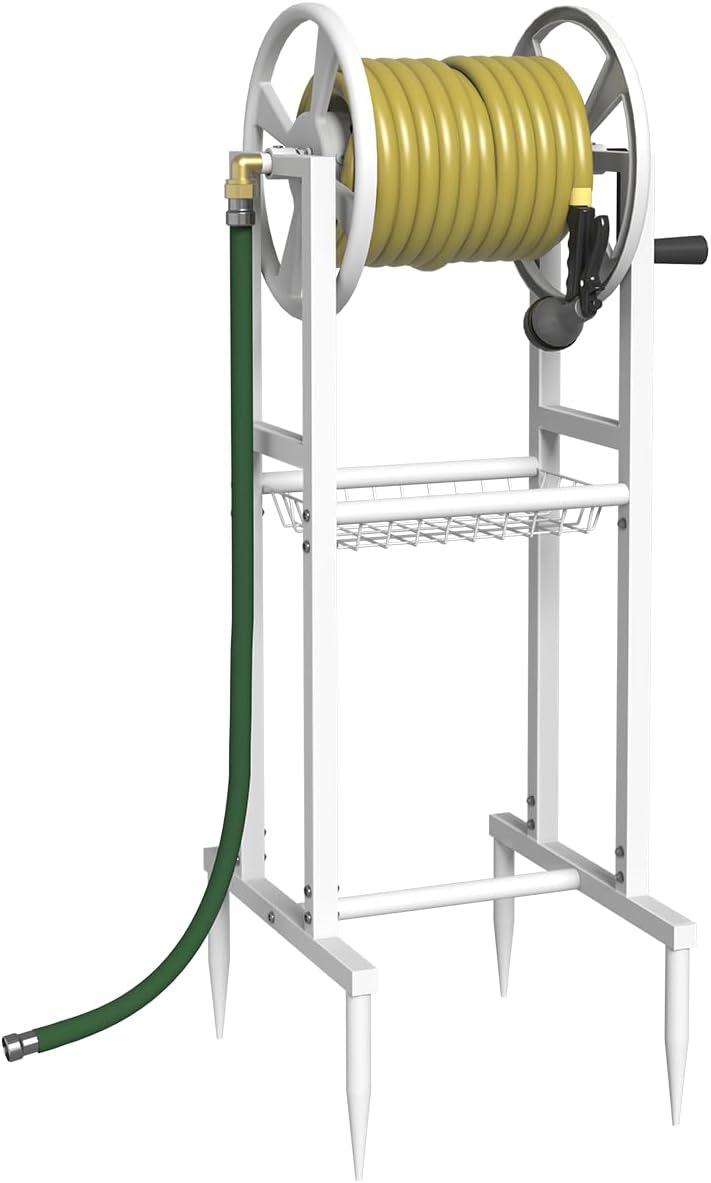 Ground Mount Garden Hose Reel Holds 125 Feet of 5/8-Inch with 3.9 ft Leader Hose, Brass Fitting, Water Hose Holder Stand with Storage Rack & 4 Spikes Base for Outdoor Lawn, Black