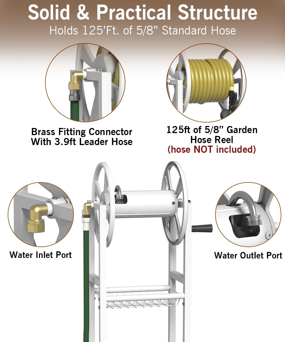 Ground Mount Garden Hose Reel Holds 125 Feet of 5/8-Inch with 3.9 ft Leader Hose, Brass Fitting, Water Hose Holder Stand with Storage Rack & 4 Spikes Base for Outdoor Lawn, Black