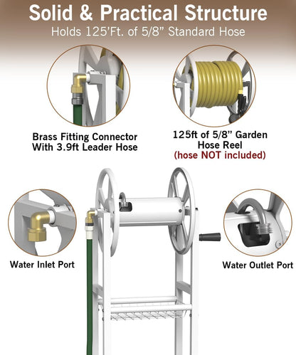 Ground Mount Garden Hose Reel Holds 125 Feet of 5/8-Inch with 3.9 ft Leader Hose, Brass Fitting, Water Hose Holder Stand with Storage Rack & 4 Spikes Base for Outdoor Lawn, Black