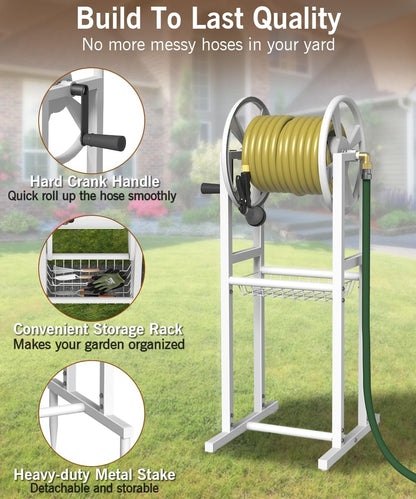 Ground Mount Garden Hose Reel Holds 125 Feet of 5/8-Inch with 3.9 ft Leader Hose, Brass Fitting, Water Hose Holder Stand with Storage Rack & 4 Spikes Base for Outdoor Lawn, Black