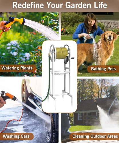 Ground Mount Garden Hose Reel Holds 125 Feet of 5/8-Inch with 3.9 ft Leader Hose, Brass Fitting, Water Hose Holder Stand with Storage Rack & 4 Spikes Base for Outdoor Lawn, Black