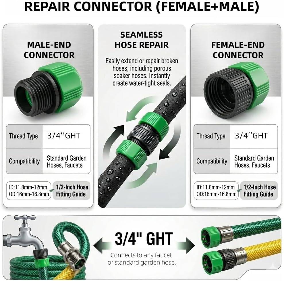 1/2" Soaker Hose Fittings Kit, 21 Pcs Garden Irrigation Connectors with Repair Connectors (Male & Female),Tees,Elbows,couplings,End Caps,Two-Way Valve Connectors, Drip System Parts for Garden Lawn