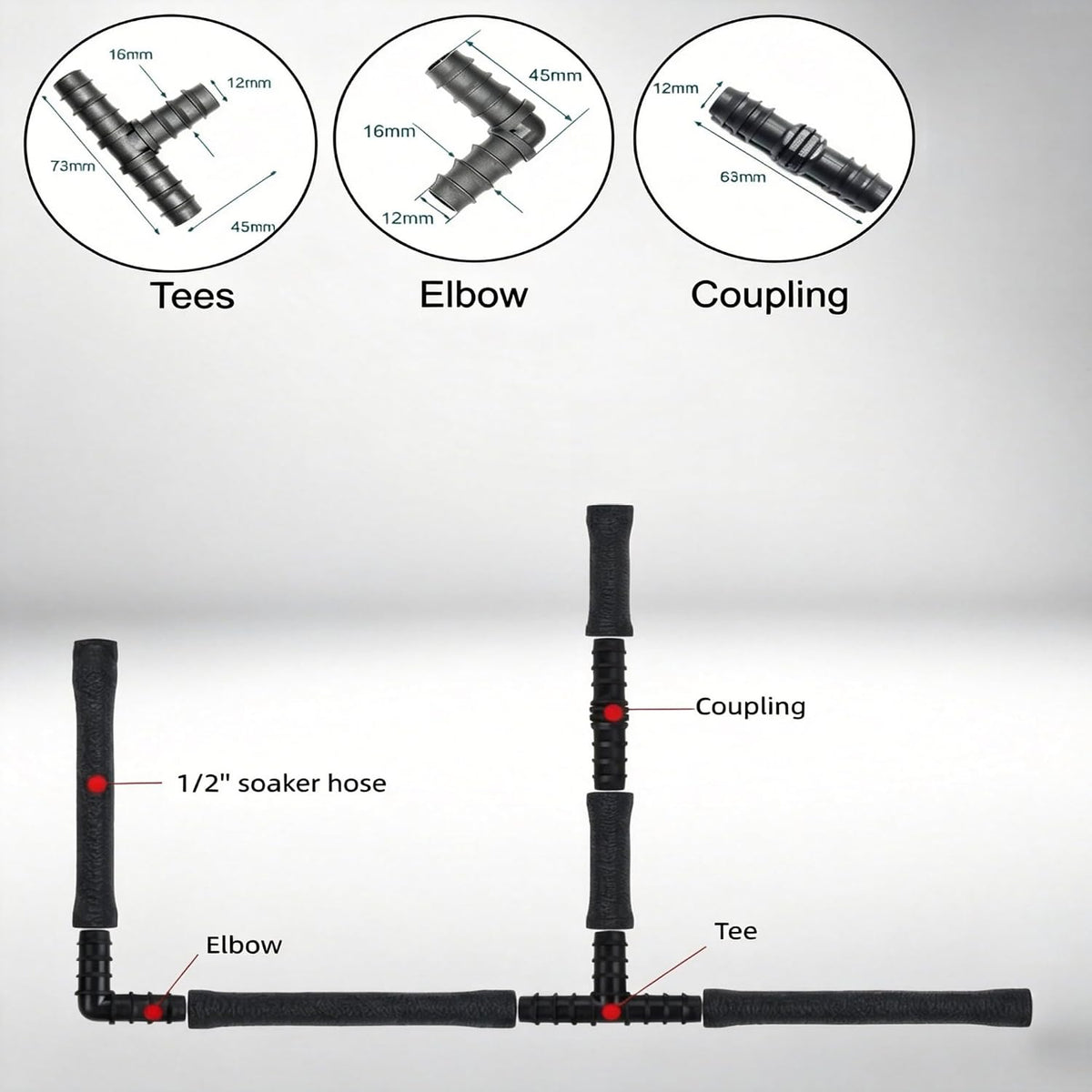 1/2" Soaker Hose Fittings Kit, 21 Pcs Garden Irrigation Connectors with Repair Connectors (Male & Female),Tees,Elbows,couplings,End Caps,Two-Way Valve Connectors, Drip System Parts for Garden Lawn