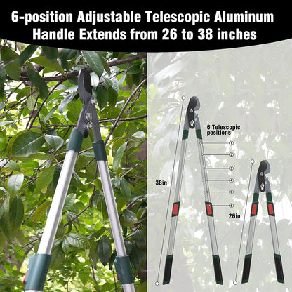 2-Inch Cutting Capacity Bypass Loppers, 26-33" Extendable Tree Branch Cutter, Professional Gear-Driven Labor-Saving Heavy Duty Pruners, Carbon Steel Teflon Blade & Lightweight Aluminum Handles