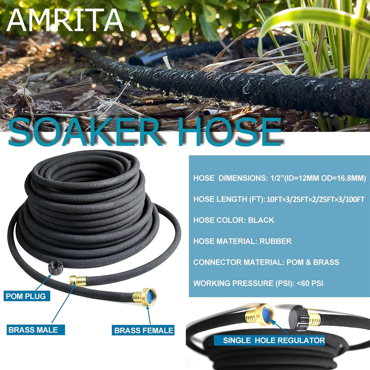 1/2"Soaker Hose KIT, 10ft 3Pack Garden Drip Hoses Brass Couplings