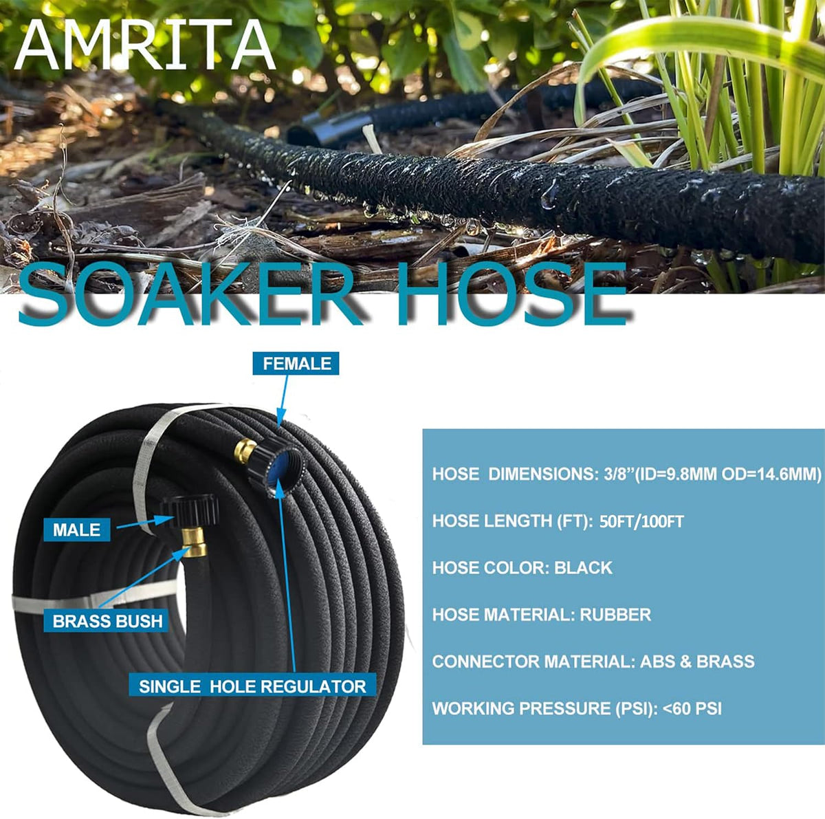 1/2"Soaker Hose KIT, 10ft 3Pack Garden Drip Hoses Brass Couplings