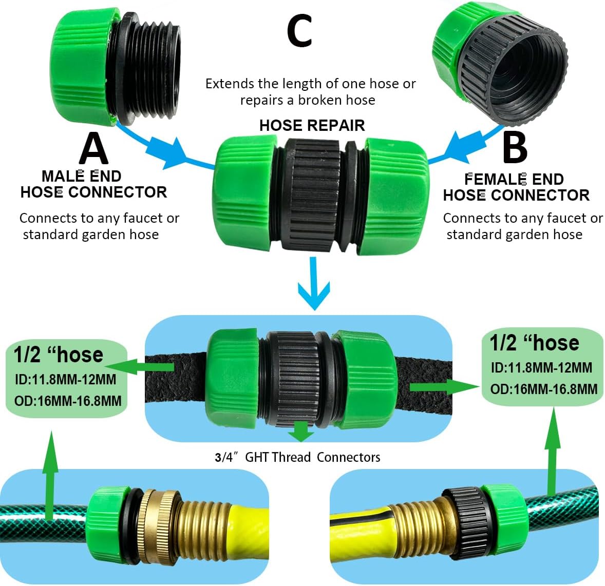 1/2"Soaker Hose KIT, 10ft 3Pack Garden Drip Hoses Brass Couplings
