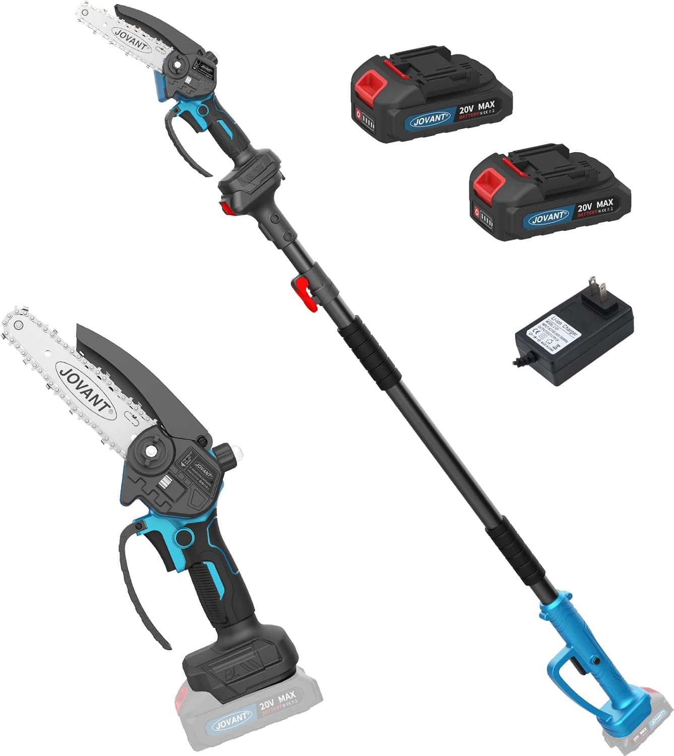 Electric Pole Saws for Tree Trimming, 6 Inch Mini Chainsaw Cordless 2-in-1 Pole Saw Battery Powered Tree Trimmer, Hand Held Chainsaw Long Bar Tree Branch Cutter, Wood Cutting Tools with 2 Batteries