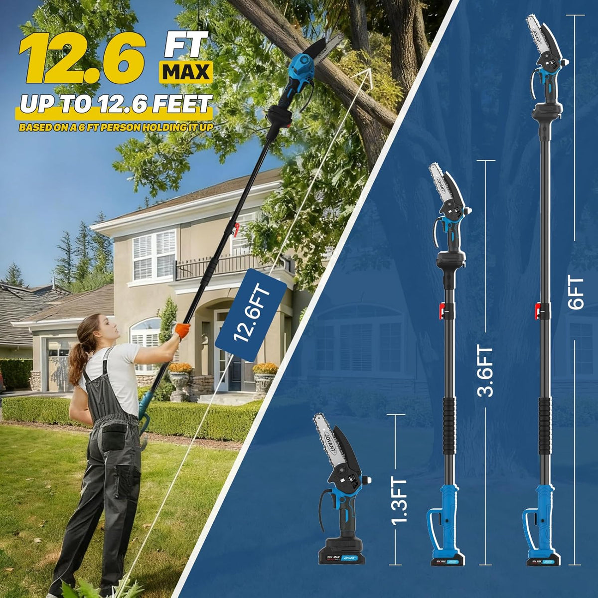 Electric Pole Saws for Tree Trimming, 6 Inch Mini Chainsaw Cordless 2-in-1 Pole Saw Battery Powered Tree Trimmer, Hand Held Chainsaw Long Bar Tree Branch Cutter, Wood Cutting Tools with 2 Batteries