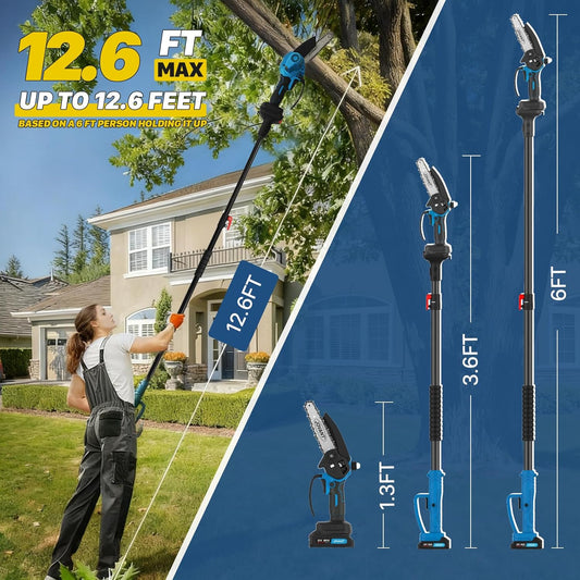 Electric Pole Saws for Tree Trimming, 6 Inch Mini Chainsaw Cordless 2-in-1 Pole Saw Battery Powered Tree Trimmer, Hand Held Chainsaw Long Bar Tree Branch Cutter, Wood Cutting Tools with 2 Batteries