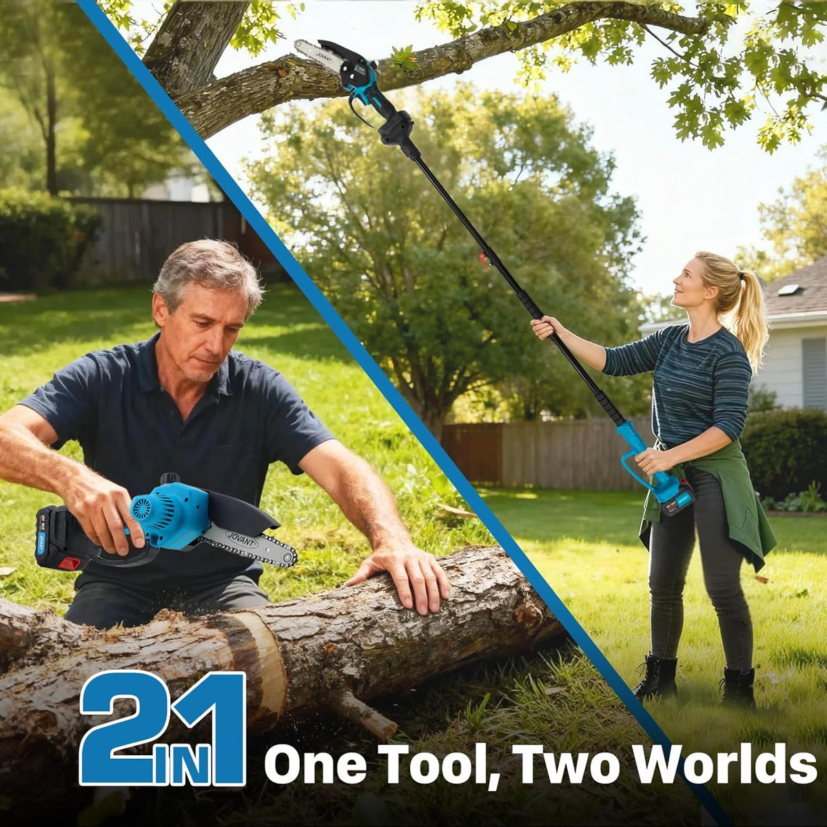 Electric Pole Saws for Tree Trimming, 6 Inch Mini Chainsaw Cordless 2-in-1 Pole Saw Battery Powered Tree Trimmer, Hand Held Chainsaw Long Bar Tree Branch Cutter, Wood Cutting Tools with 2 Batteries