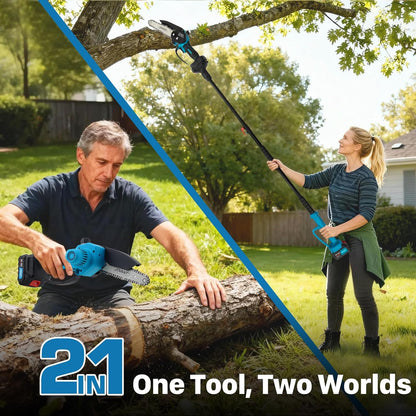 Electric Pole Saws for Tree Trimming, 6 Inch Mini Chainsaw Cordless 2-in-1 Pole Saw Battery Powered Tree Trimmer, Hand Held Chainsaw Long Bar Tree Branch Cutter, Wood Cutting Tools with 2 Batteries
