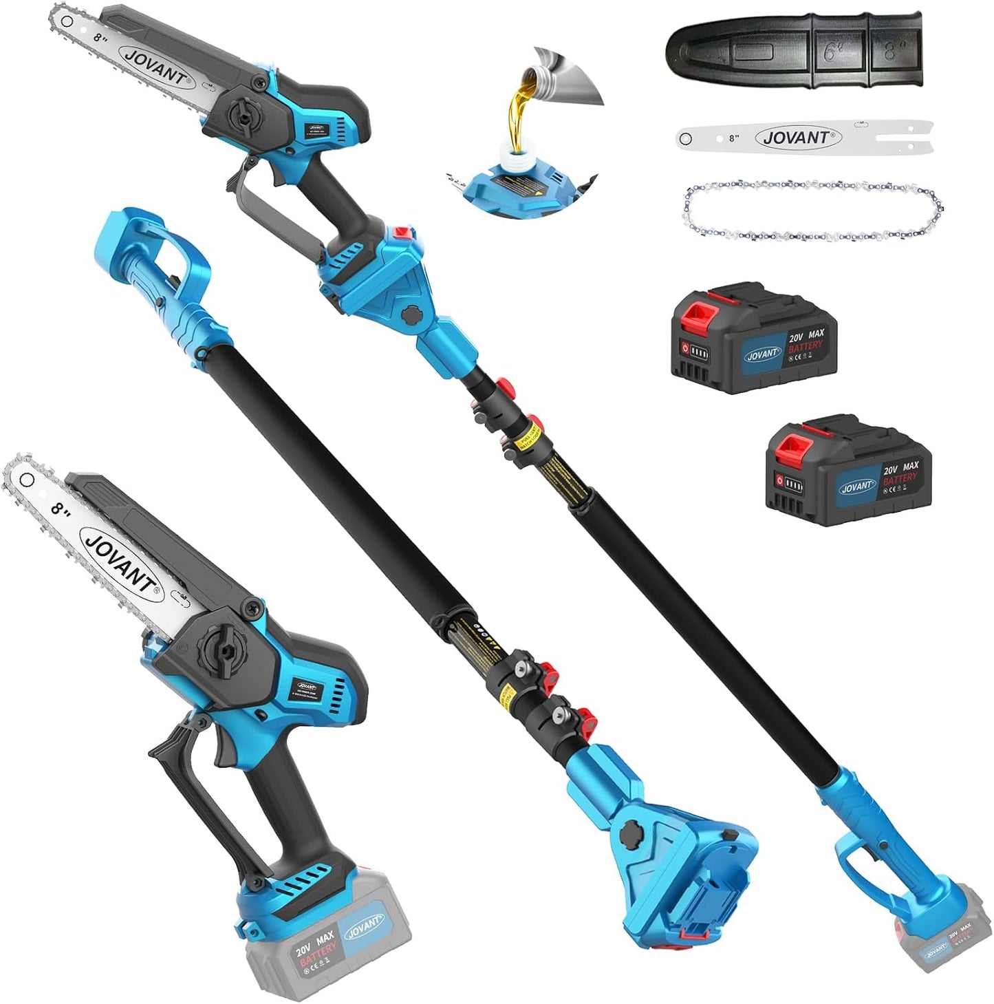 Electric Pole Saws for Tree Trimming, 6 Inch Mini Chainsaw Cordless 2-in-1 Pole Saw Battery Powered Tree Trimmer, Hand Held Chainsaw Long Bar Tree Branch Cutter, Wood Cutting Tools with 2 Batteries