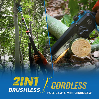Electric Pole Saws for Tree Trimming, 6 Inch Mini Chainsaw Cordless 2-in-1 Pole Saw Battery Powered Tree Trimmer, Hand Held Chainsaw Long Bar Tree Branch Cutter, Wood Cutting Tools with 2 Batteries