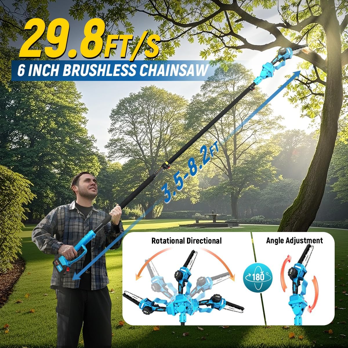 Electric Pole Saws for Tree Trimming, 6 Inch Mini Chainsaw Cordless 2-in-1 Pole Saw Battery Powered Tree Trimmer, Hand Held Chainsaw Long Bar Tree Branch Cutter, Wood Cutting Tools with 2 Batteries