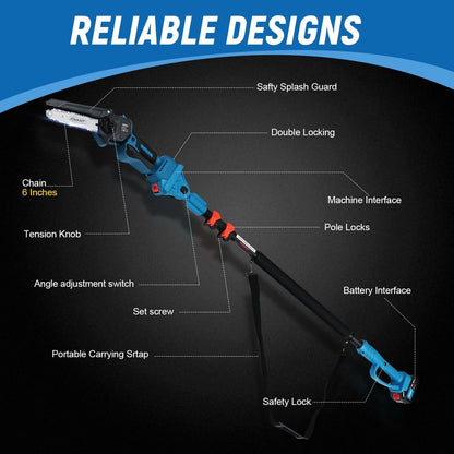 Electric Pole Saws for Tree Trimming, 6 Inch Mini Chainsaw Cordless 2-in-1 Pole Saw Battery Powered Tree Trimmer, Hand Held Chainsaw Long Bar Tree Branch Cutter, Wood Cutting Tools with 2 Batteries