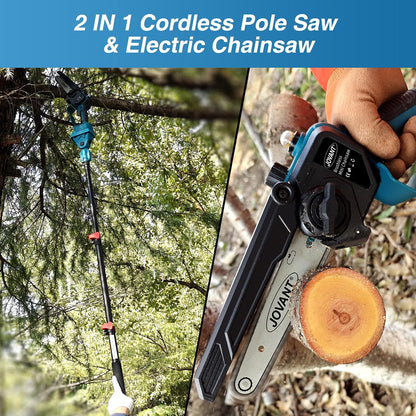 Electric Pole Saws for Tree Trimming, 6 Inch Mini Chainsaw Cordless 2-in-1 Pole Saw Battery Powered Tree Trimmer, Hand Held Chainsaw Long Bar Tree Branch Cutter, Wood Cutting Tools with 2 Batteries