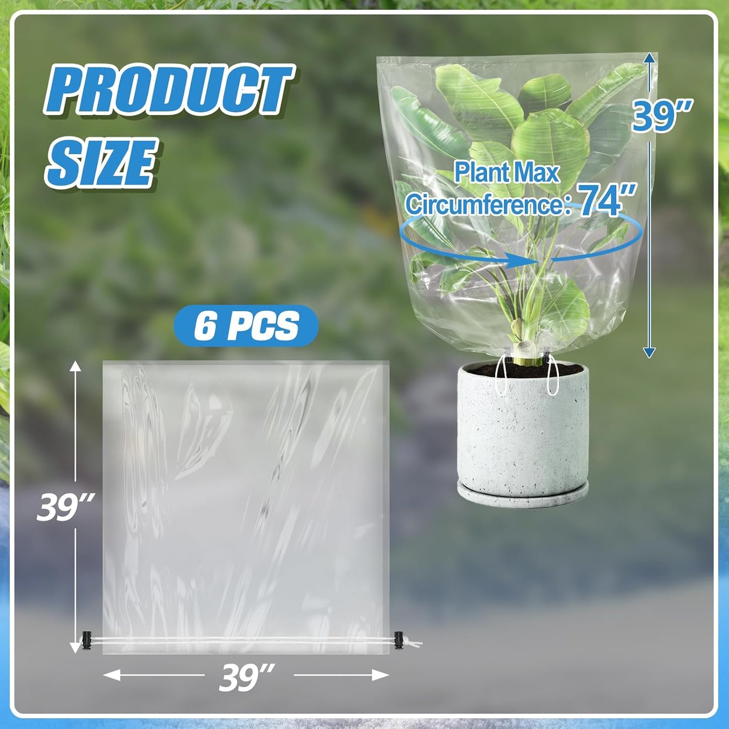 6 Pcs Winter Plant Cover Freeze Protection - 39" x 39" Plastic Plant Frost Bags with Drawstring, Transparent Waterproof Plant Shelter Coverings for Outdoors Garden Plants Shrubs Sapling Bushes