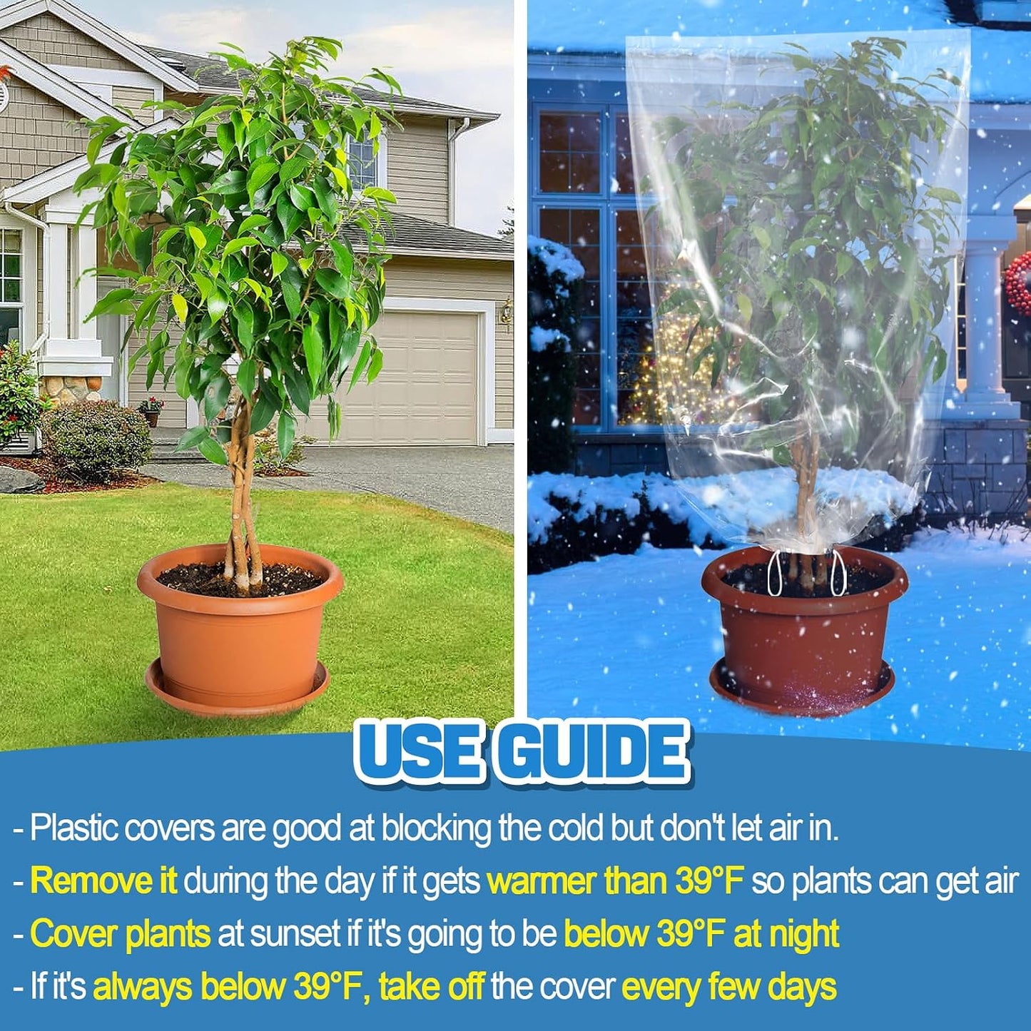 6 Pcs Winter Plant Cover Freeze Protection - 39" x 39" Plastic Plant Frost Bags with Drawstring, Transparent Waterproof Plant Shelter Coverings for Outdoors Garden Plants Shrubs Sapling Bushes