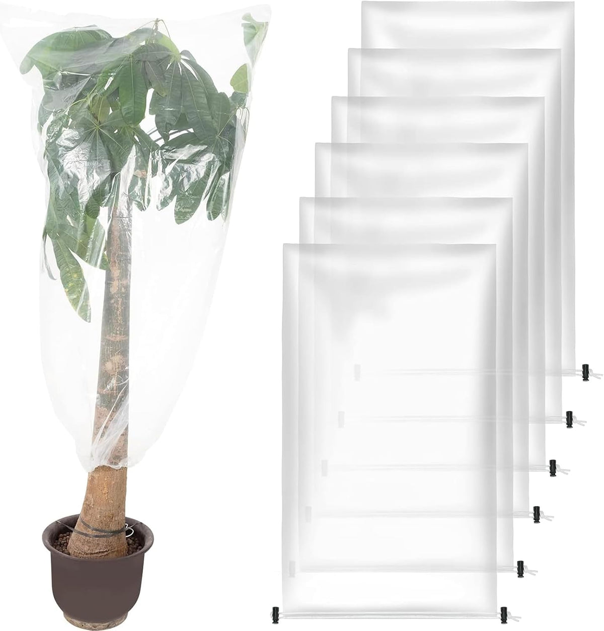 6 Pcs Winter Plant Cover Freeze Protection - 39" x 39" Plastic Plant Frost Bags with Drawstring, Transparent Waterproof Plant Shelter Coverings for Outdoors Garden Plants Shrubs Sapling Bushes
