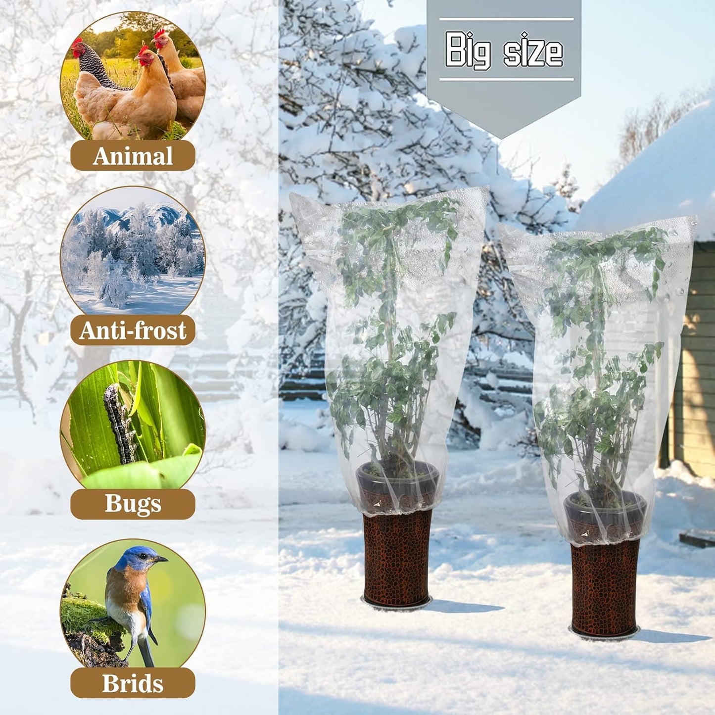 6 Pcs Winter Plant Cover Freeze Protection - 39" x 39" Plastic Plant Frost Bags with Drawstring, Transparent Waterproof Plant Shelter Coverings for Outdoors Garden Plants Shrubs Sapling Bushes