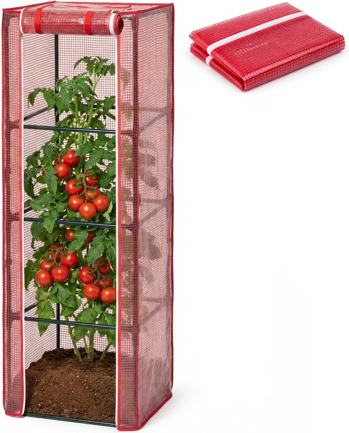 57" x 15.4" x 15.4" Tomato Cages Plant Greenhouse Cover, PE Tomatoes Red Greenhouse with Zipper Door, Tomato Trellis Plant Support Protector Cover for Garden Climbing Plants (NO Frame Included)