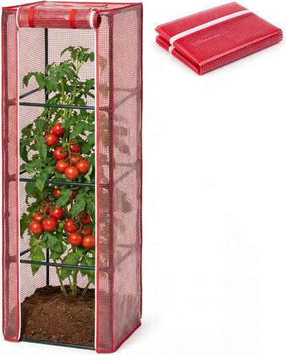 57" x 15.4" x 15.4" Tomato Cages Plant Greenhouse Cover, PE Tomatoes Red Greenhouse with Zipper Door, Tomato Trellis Plant Support Protector Cover for Garden Climbing Plants (NO Frame Included)