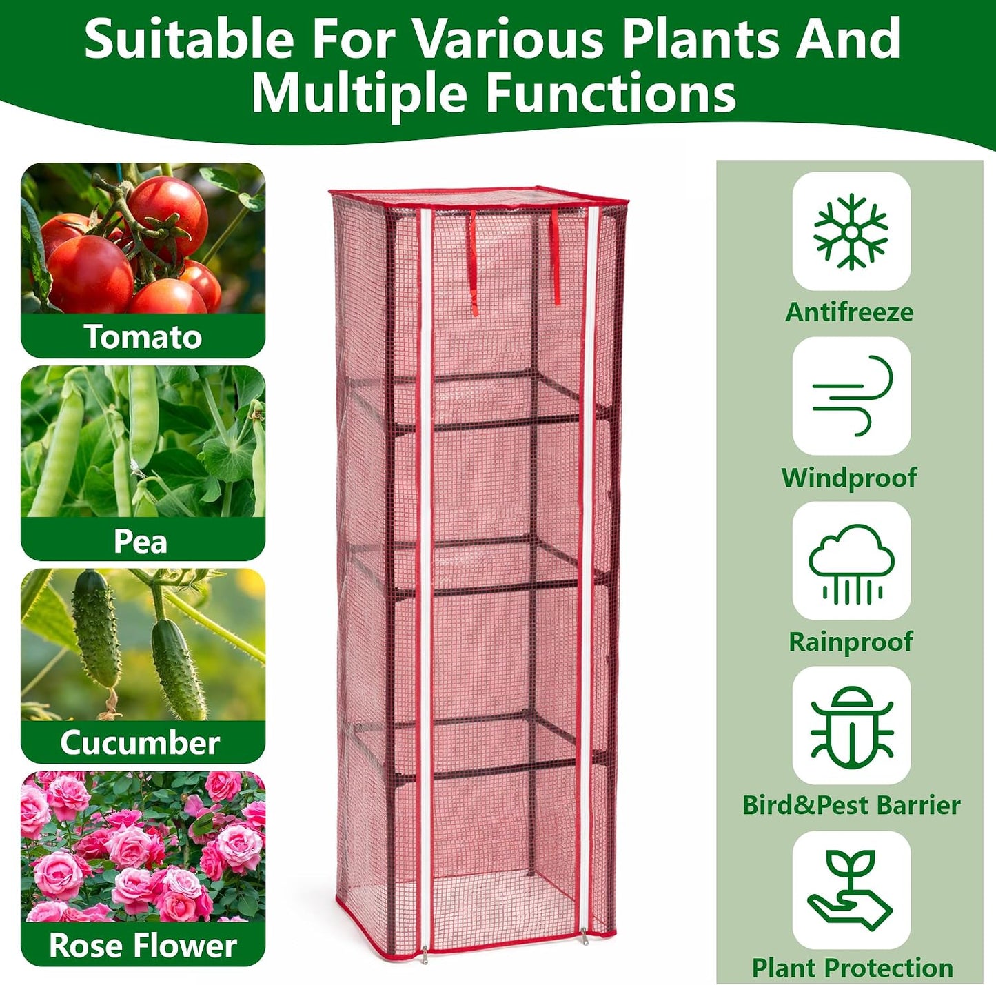 57" x 15.4" x 15.4" Tomato Cages Plant Greenhouse Cover, PE Tomatoes Red Greenhouse with Zipper Door, Tomato Trellis Plant Support Protector Cover for Garden Climbing Plants (NO Frame Included)