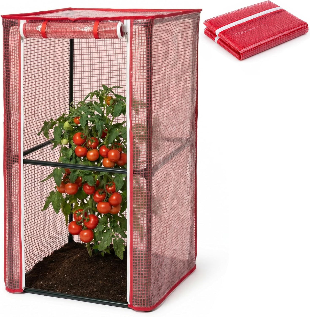 57" x 15.4" x 15.4" Tomato Cages Plant Greenhouse Cover, PE Tomatoes Red Greenhouse with Zipper Door, Tomato Trellis Plant Support Protector Cover for Garden Climbing Plants (NO Frame Included)