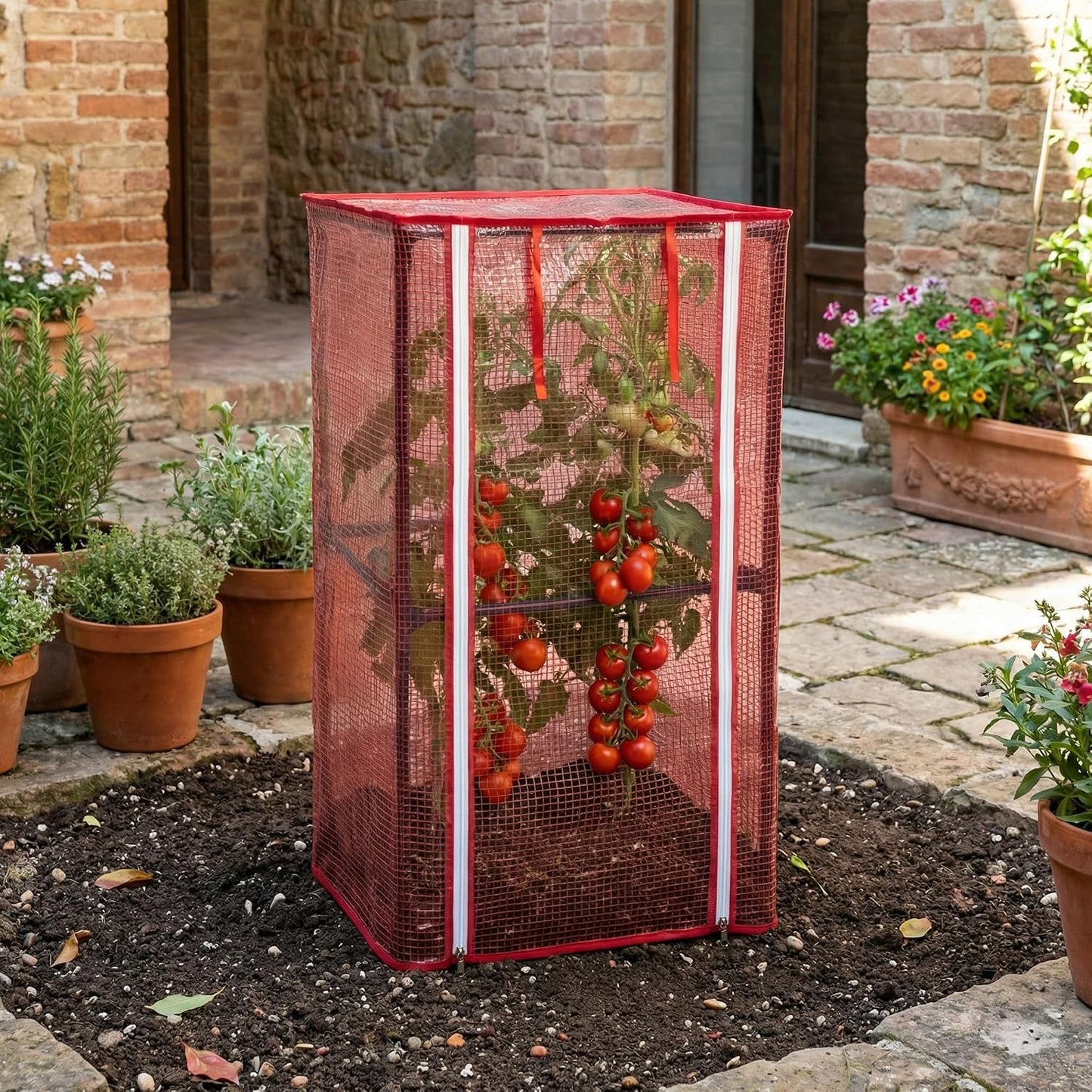 57" x 15.4" x 15.4" Tomato Cages Plant Greenhouse Cover, PE Tomatoes Red Greenhouse with Zipper Door, Tomato Trellis Plant Support Protector Cover for Garden Climbing Plants (NO Frame Included)