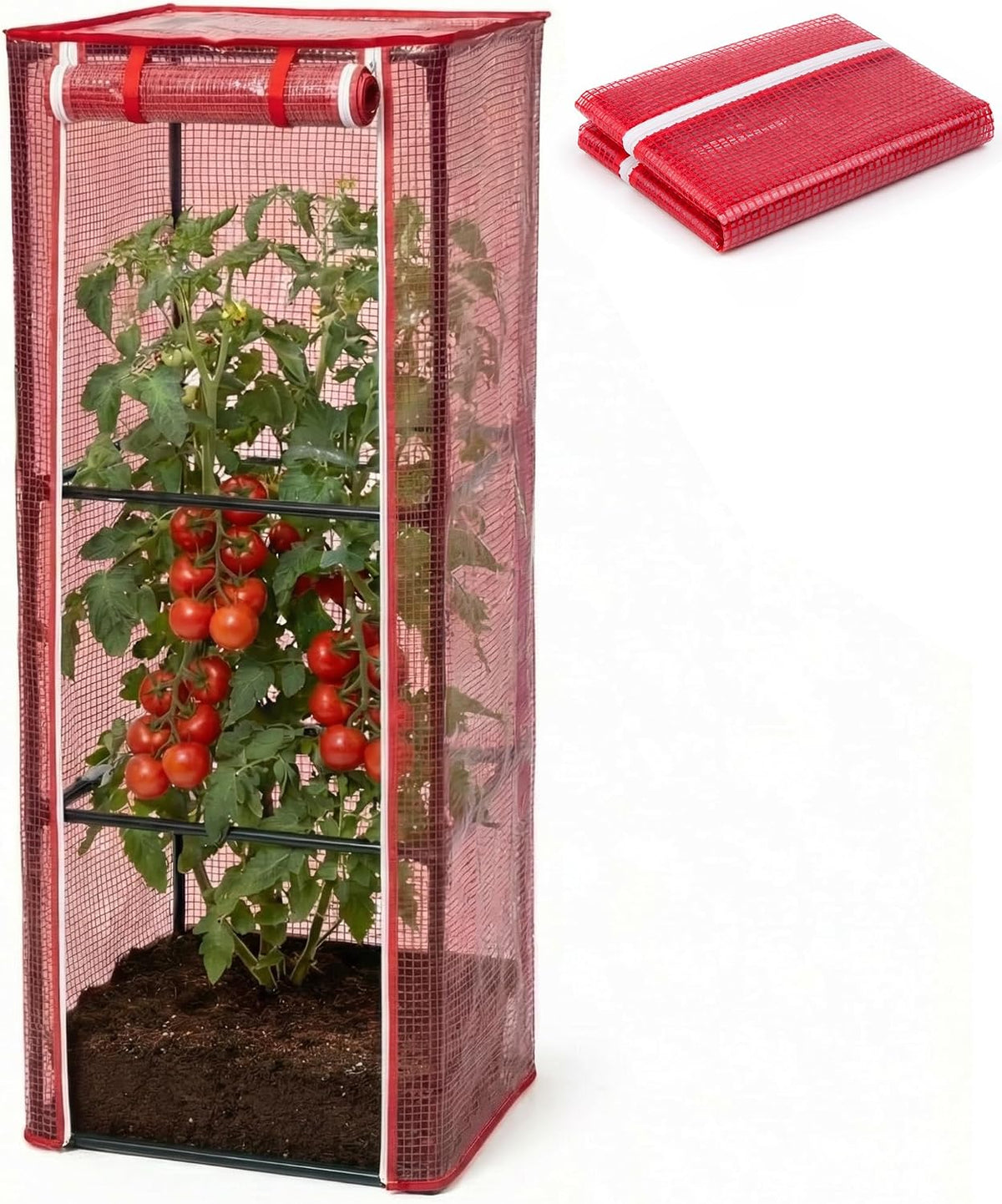 57" x 15.4" x 15.4" Tomato Cages Plant Greenhouse Cover, PE Tomatoes Red Greenhouse with Zipper Door, Tomato Trellis Plant Support Protector Cover for Garden Climbing Plants (NO Frame Included)