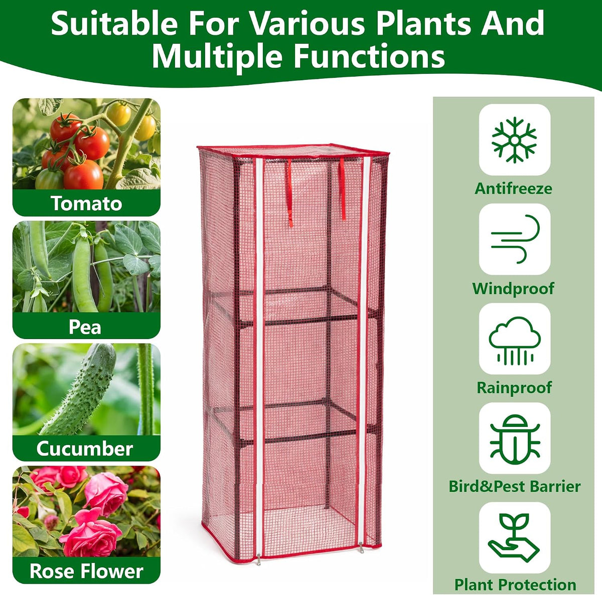 57" x 15.4" x 15.4" Tomato Cages Plant Greenhouse Cover, PE Tomatoes Red Greenhouse with Zipper Door, Tomato Trellis Plant Support Protector Cover for Garden Climbing Plants (NO Frame Included)