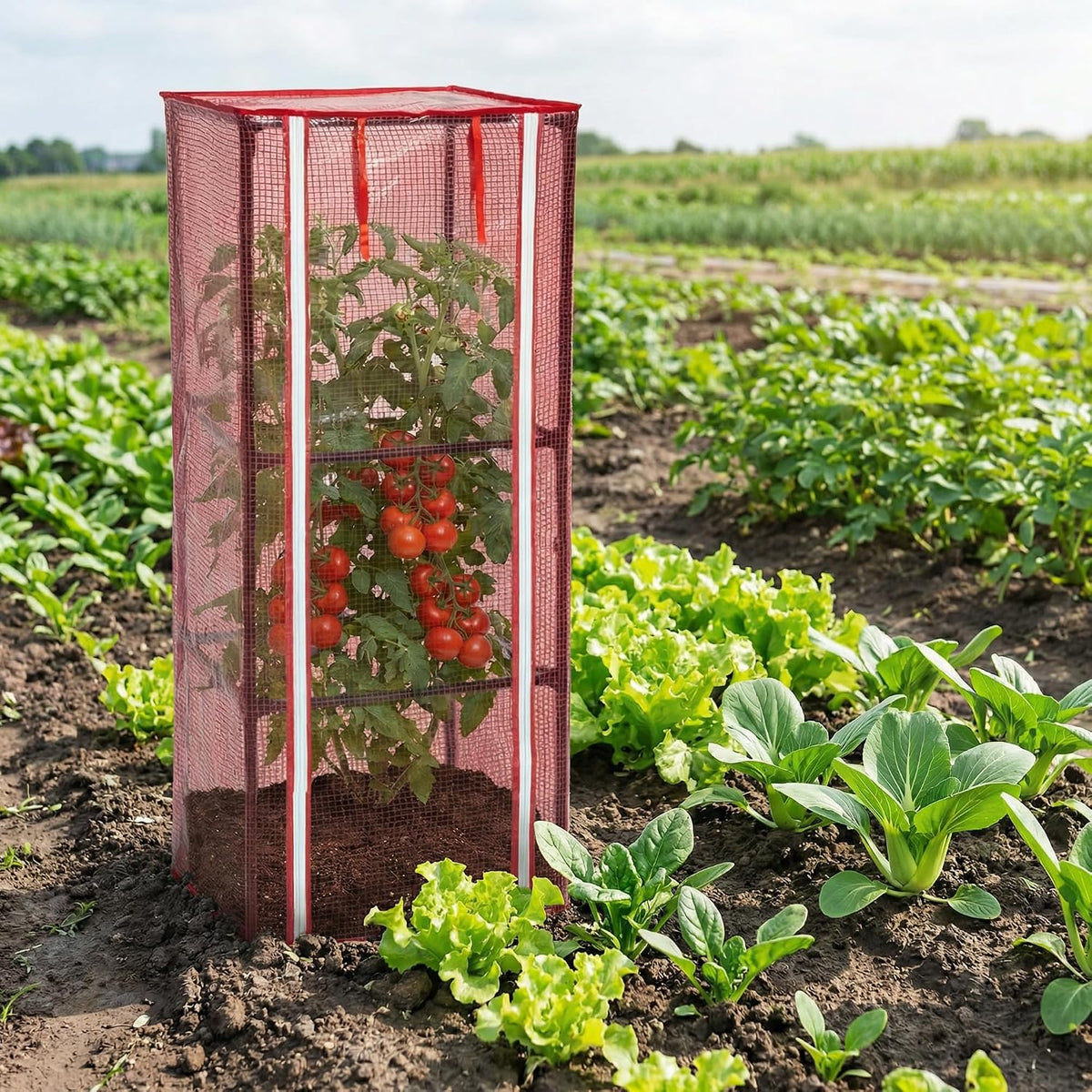 57" x 15.4" x 15.4" Tomato Cages Plant Greenhouse Cover, PE Tomatoes Red Greenhouse with Zipper Door, Tomato Trellis Plant Support Protector Cover for Garden Climbing Plants (NO Frame Included)