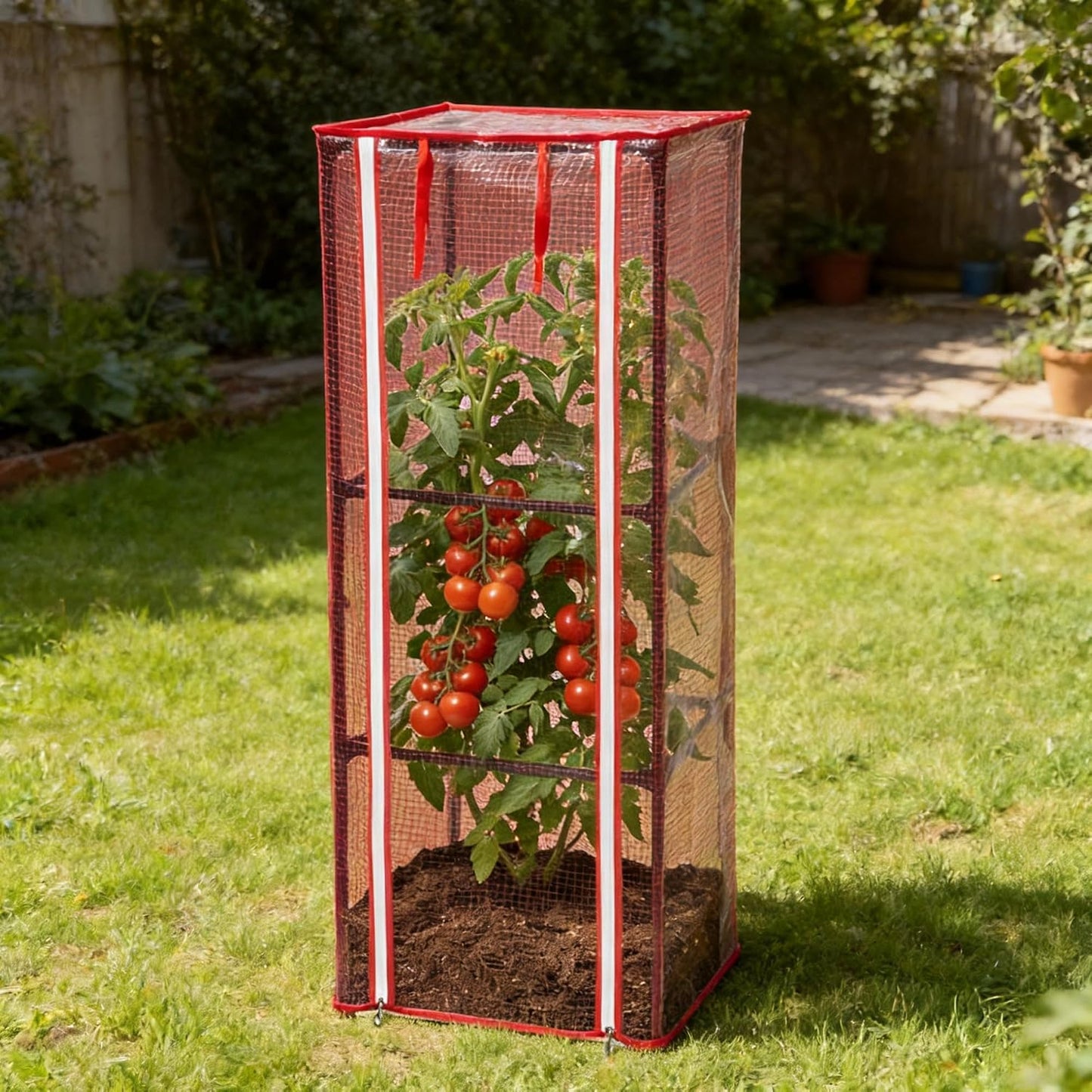 57" x 15.4" x 15.4" Tomato Cages Plant Greenhouse Cover, PE Tomatoes Red Greenhouse with Zipper Door, Tomato Trellis Plant Support Protector Cover for Garden Climbing Plants (NO Frame Included)