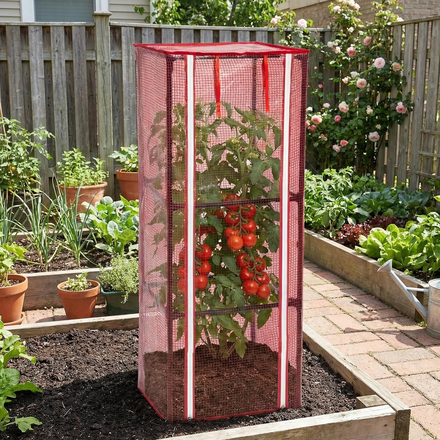57" x 15.4" x 15.4" Tomato Cages Plant Greenhouse Cover, PE Tomatoes Red Greenhouse with Zipper Door, Tomato Trellis Plant Support Protector Cover for Garden Climbing Plants (NO Frame Included)