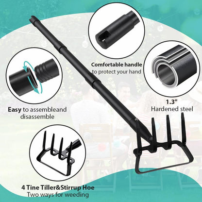 Garden Hoe, Stirrup Hoe with Adjustable Handle for Weeding Digger loosening Soil Metal Garden Cultivator Hoe with Rake Tiller Cultivator (30-62 Inch)