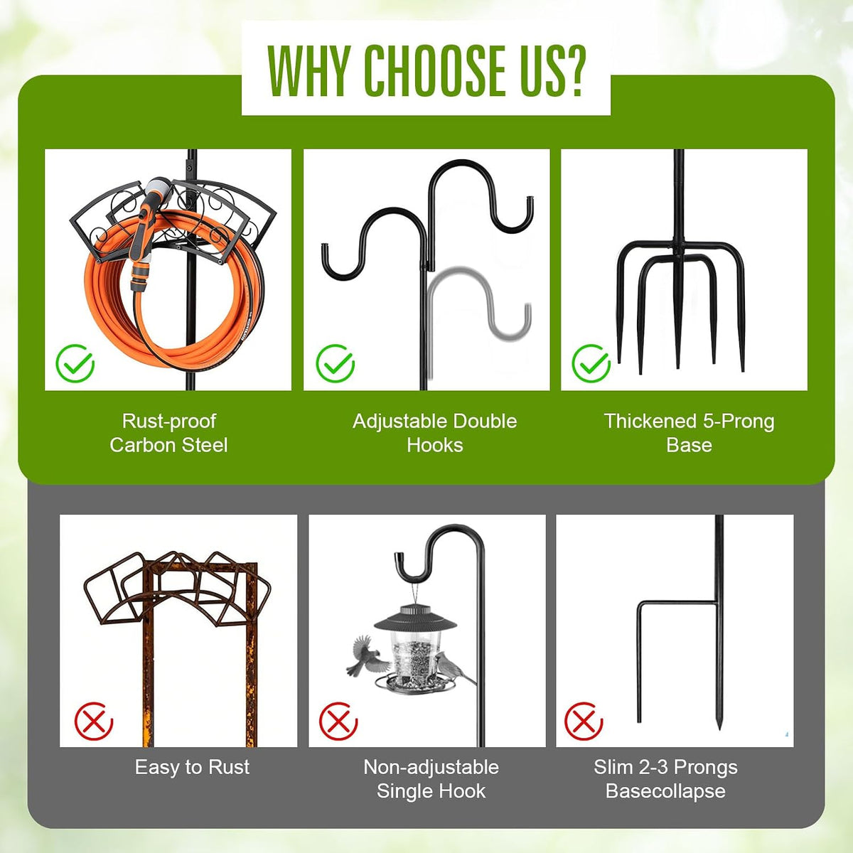 Garden Hose Holder, Upgraded Water Hose Holder, 2-in-1 Heavy Duty Hose Stand, 88Inch Freestanding Hose Hanger, Detachable Garden Hose Storage Rack with Adjustable Shepherds Hooks, Bird Feeder Pole