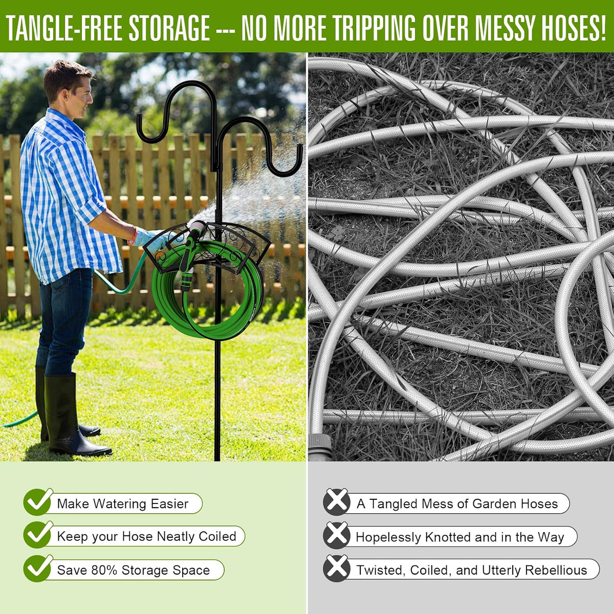 Garden Hose Holder, Upgraded Water Hose Holder, 2-in-1 Heavy Duty Hose Stand, 88Inch Freestanding Hose Hanger, Detachable Garden Hose Storage Rack with Adjustable Shepherds Hooks, Bird Feeder Pole