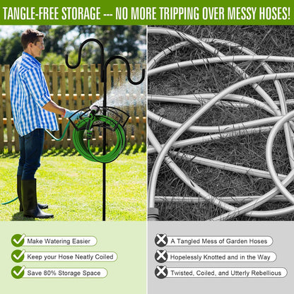 Garden Hose Holder, Upgraded Water Hose Holder, 2-in-1 Heavy Duty Hose Stand, 88Inch Freestanding Hose Hanger, Detachable Garden Hose Storage Rack with Adjustable Shepherds Hooks, Bird Feeder Pole